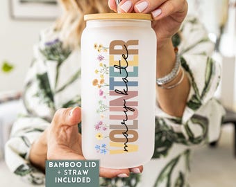 Custom Frosted Glass Tumbler Gift For Volunteer Appreciation, Personalized Volunteer Day Gift Glass Can, Iced Coffee Cup, Volunteer Tumbler
