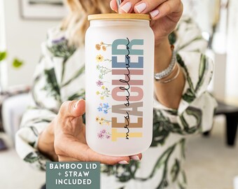 Custom Frosted Glass Tumbler Gift For Teacher Appreciation, Personalized Teacher Glass Can, Iced Coffee Cup, Elementary Teacher Tumbler
