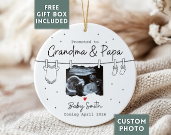 Grandparent Pregnancy Announcement Ornament, Ultrasound Photo Ornament, Promoted To Grandparents, Reveal To Grandparents Baby Announcement