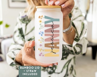 Custom Frosted Glass Tumbler Gift For Nanny Appreciation, Personalized Nanny Glass Can, Iced Coffee Cup, Babysitter Tumbler, Au Pair Gift