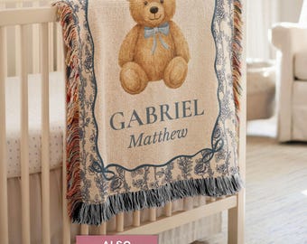 Personalized Toile Bear Baby Blanket, Woven Blanket Gift For New Baby, Newborn Nursery Decor, Custom Name Blanket Keepsake, Baby Shower Gift