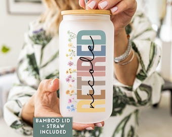 Custom Frosted Glass Tumbler Gift For Retired, Personalized Retirement Glass Can, Iced Coffee Retired Tumbler, Retiree Gift For Retirement