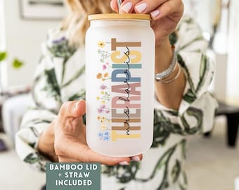 Custom Frosted Glass Tumbler Gift For Therapist, Personalized Therapist Glass Can, Iced Coffee Therapist Tumbler, School Therapist Gift Idea