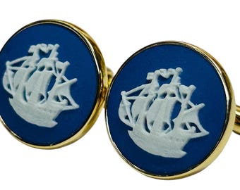 Vintage Sailing Ship Cufflinks Wedgwood Blue Jasperware Made in England