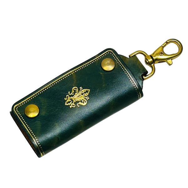 Florentine Green Leather Key Case Pouch Hooks Keychain Made in Florence Italy by Adimar