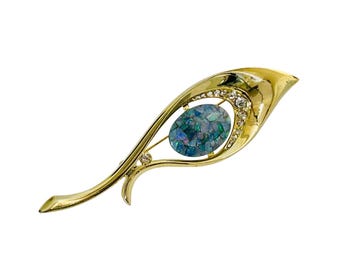 Vintage Opal Mosaic Triplet Brooch Rhinestone Crystals Gold Tone