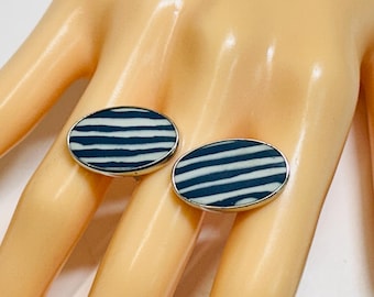 Vintage Wedgwood Blue and White Stripes Jasperware Cufflinks Made in England
