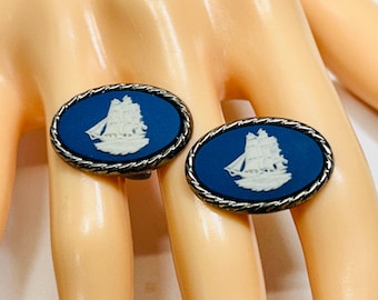Vintage Wedgwood Stratton Blue Jasperware Ship Oval Cufflinks Made in England
