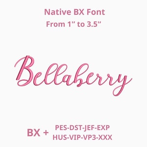 Puede incluir: Diseño de fuente rosa cursiva que dice "Bellaberry" sobre un fondo blanco. El texto "Native BX Font" y "De 2,5 cm a 8,9 cm" están encima de la palabra "Bellaberry". Debajo de la palabra "Bellaberry" están las palabras "BX +" y "PES-DST-JEF-EXP HUS-VIP-VP3-XXX".