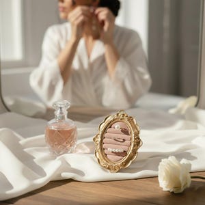 May include: A gold-colored, ornate jewelry display case with a pink velvet interior holds rings with pearls and a diamond. A clear perfume bottle and a white rose are also on the table. The background shows a person wearing a white robe.