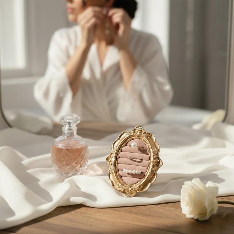 May include: A gold-colored, ornate jewelry display case with a pink velvet interior holds rings with pearls and a diamond. A clear perfume bottle and a white rose are also on the table. The background shows a person wearing a white robe.