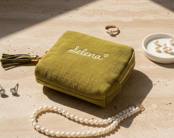 Personalized Jewelry Pouch with Name, Travel Jewelry Case, Embroidered Zip Jewelry Organizer, Bridesmaid Gift, Mothers Day Gift for Her