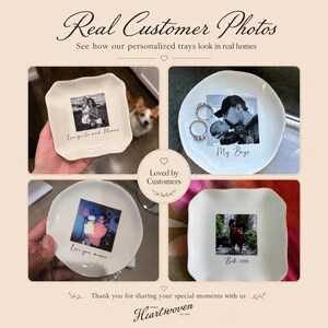 May include: A collage of four white ceramic trays with personalized photos. The trays are square and round, featuring family photos and text. The text includes "Love you too much, Momma", "My Boys", and "Bali 2006".