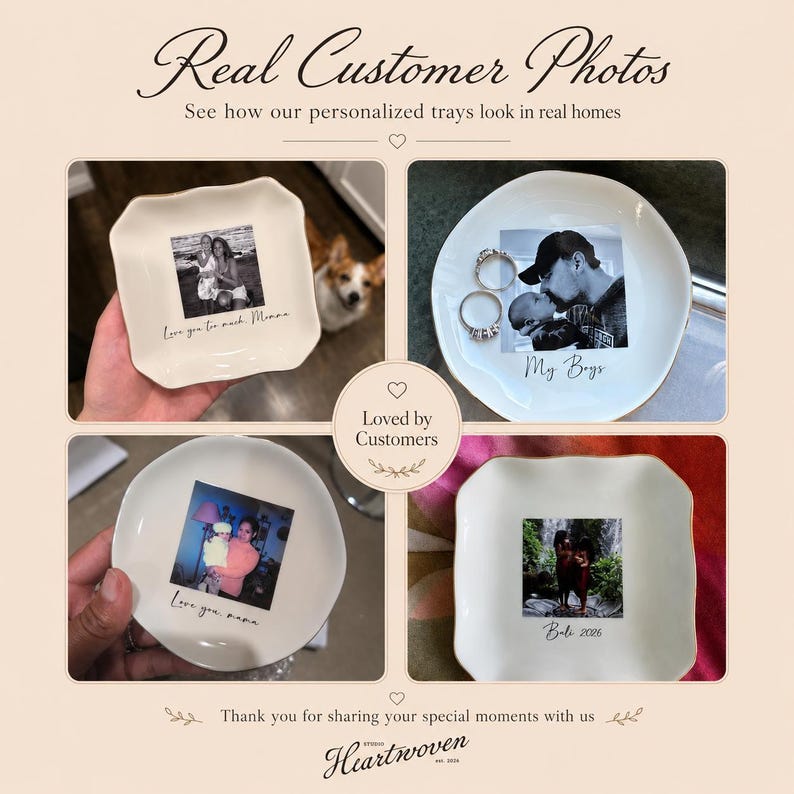 May include: A collage of four white ceramic trays with personalized photos. The trays are square and round, featuring family photos and text. The text includes "Love you too much, Momma", "My Boys", and "Bali 2006".