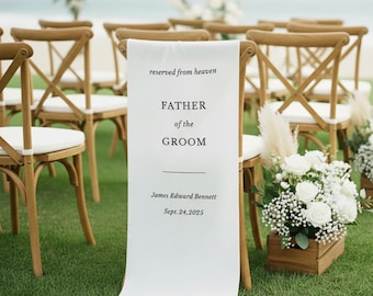 Memorial Wedding Chair Sign, White Linen Memorial Chair Banner, Remembrance Ceremony Tribute, Reserved Banner for Loved Ones
