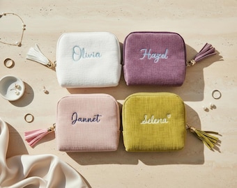 Personalized Jewelry Pouch with Name, Travel Jewelry Case, Embroidered Zip Jewelry Organizer, Bridesmaid & Mothers Day Gift for Her