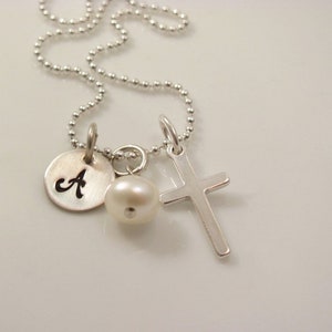 First Communion Necklace- Personalized Hand Stamped Initial with Sterling Silver Cross Charm