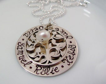 Family TREE of LIFE - Sterling Silver Hand Stamped Necklace with Family Tree Charm- Grandchild name necklace-gift for grandma