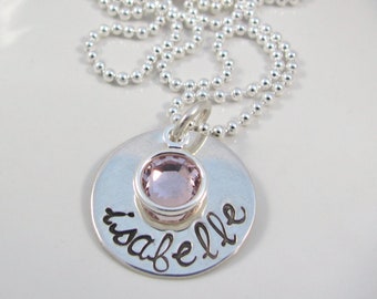 Hand Stamped Necklace -Sterling Silver Personalized Birthstone Jewelry -