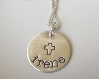 First Communion Confirmation gift-STAMPED WITH A CROSS - Sterling Silver Hand Stamped Necklace