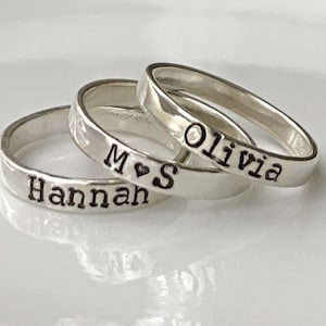 Sterling Silver Stacking Name Ring- personalized ring SET OF 3- Hand Stamped Ring -Size 5-10- name stack ring- gift for mom- family rings