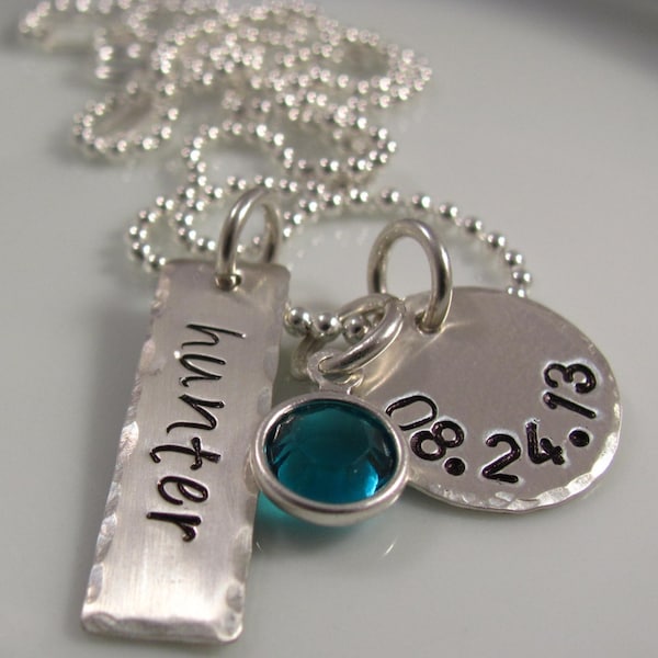 Sterling Silver Hand Stamped baby name birth Date Necklace-push present