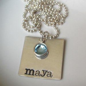 Hand stamped SQUARE- Personalized Sterling Silver Hand Stamped birthstone Necklace with Swarovski Crystal Charm