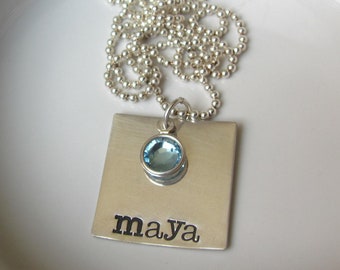 Hand stamped SQUARE- Personalized Sterling Silver Hand Stamped birthstone Necklace with Swarovski Crystal Charm