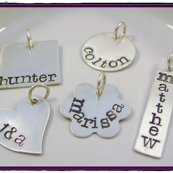 Hand Stamped - Personalized Charm - Sterling Silver Square, Heart, Circle, Flower or Rectangle Charm