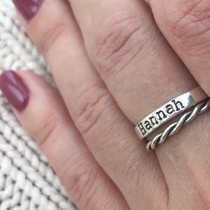 Sterling silver personalized Stackable Rings- Name ring  -SET of 2- Hand Stamped-stacking ring- name Ring-Size 5-10- gift for new mom
