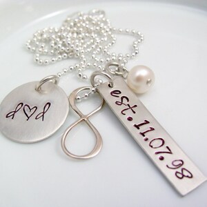 Hand Stamped anniversary gift Wedding Date necklace Infinity Charms- Sterling Silver
