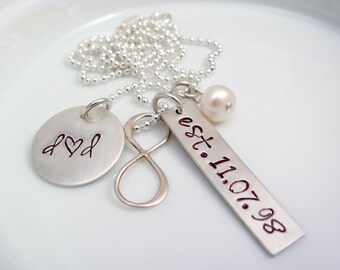 Hand Stamped anniversary gift Wedding Date necklace Infinity Charms- Sterling Silver