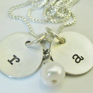 Sterling Silver Hand Stamped inital necklace - Tiny Initial charms- two Silver stamped initials