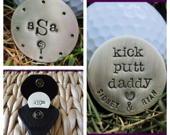 Golf Ball marker Set of 2 with Case--Hand Stamped Sterling Silver Personalized Golf Ball Markers-gift for Dad