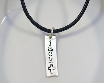 First communion gift confirmation gift for boy -MY SON - Custom Hand Stamped Charm with Cross on leather necklace