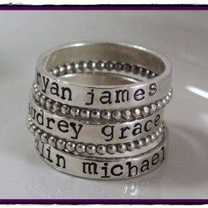 Sterling Silver Stackable name rings Hand Stamped with spacers SET OF 5 - Personalized -Sizes 5-10-stacking name ring