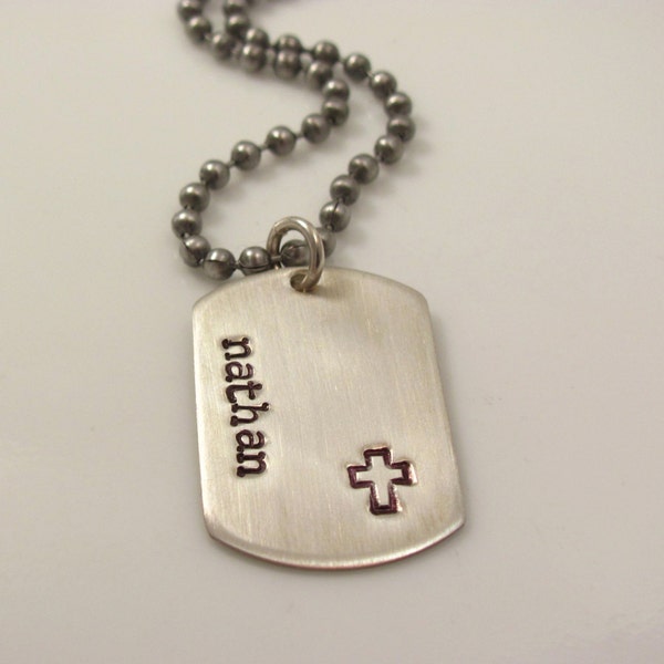 Boys christian gift -MINI DOG TAG- personalized-Hand Stamped Sterling Silver dog tag cross Necklace-first communion gift confirmation gift