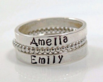 Personalized Sterling Silver Stackable name ring - Hand Stamped- Mother's day Gift