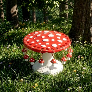 May include: A whimsical mushroom-shaped table with a red top and white spots, adorned with dangling mushroom earrings. The table is white and sits in a grassy area with trees in the background. The earrings have gold-colored hooks.