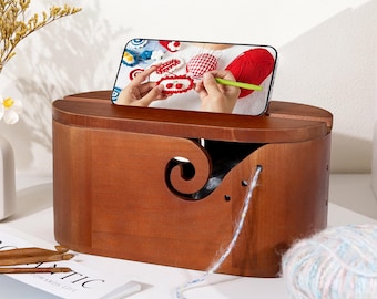 Cuenco de hilo de madera de gran capacidad, vintage, personalizado para el Día de la Madre, con soporte para teléfono, almacenamiento único de hilo de tejer, regalo para amantes del tejido, regalos para su mamá