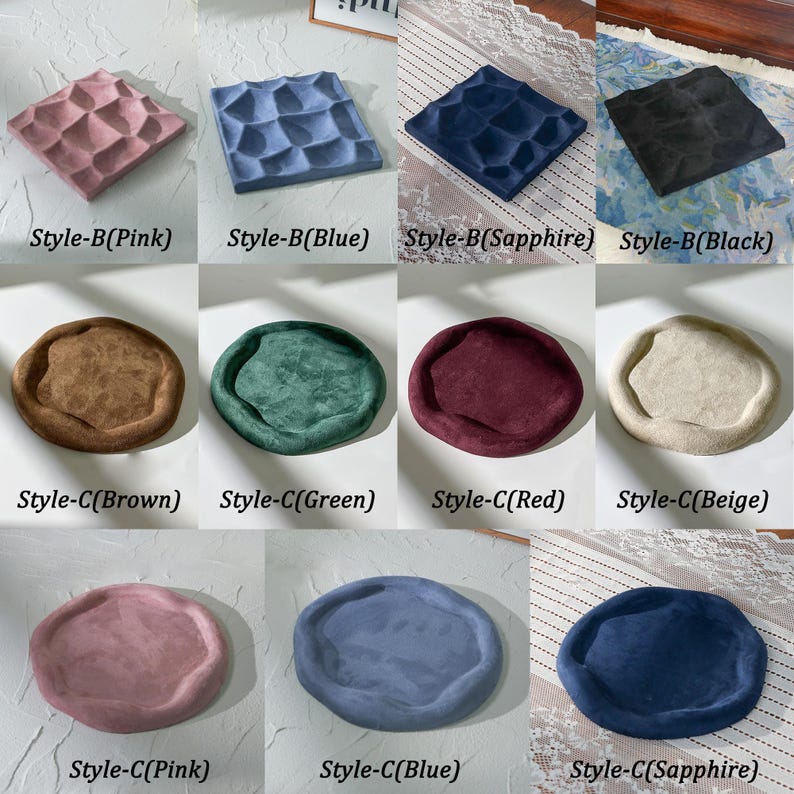 May include: A grid of cushions in various colors, including pink, blue, sapphire, and black, with textured surfaces. The cushions are labeled with color names and style designations.