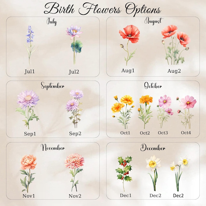 May include: A graphic featuring watercolor illustrations of birth flowers for each month. The image includes flowers for July, August, September, October, November, and December, with each month labeled. The flowers are in various colors, including red, pink, and yellow.