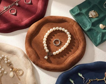 Bridesmaid Gift, Valentines day gifts, Velvet Jewelry Tray Gold Ring Dish, Necklace Holder, Earring Organizer, Wedding Flat Lay Display,