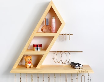 Jewelry Organizer Wall Mount – Wooden Jewelry Box, Bracelet Organizer, Earring Holder, Necklace Holder, Jewelry Display Rack Gifts for Her