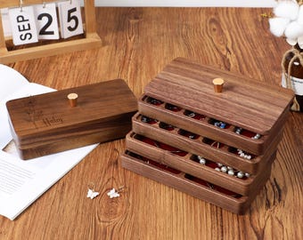 Mothers Day Personalized Stackable Jewelry Tray Organizer Custom Birth Month Flower Vintage Walnut Jewelry Box Anniversary Gift for Her,Wife