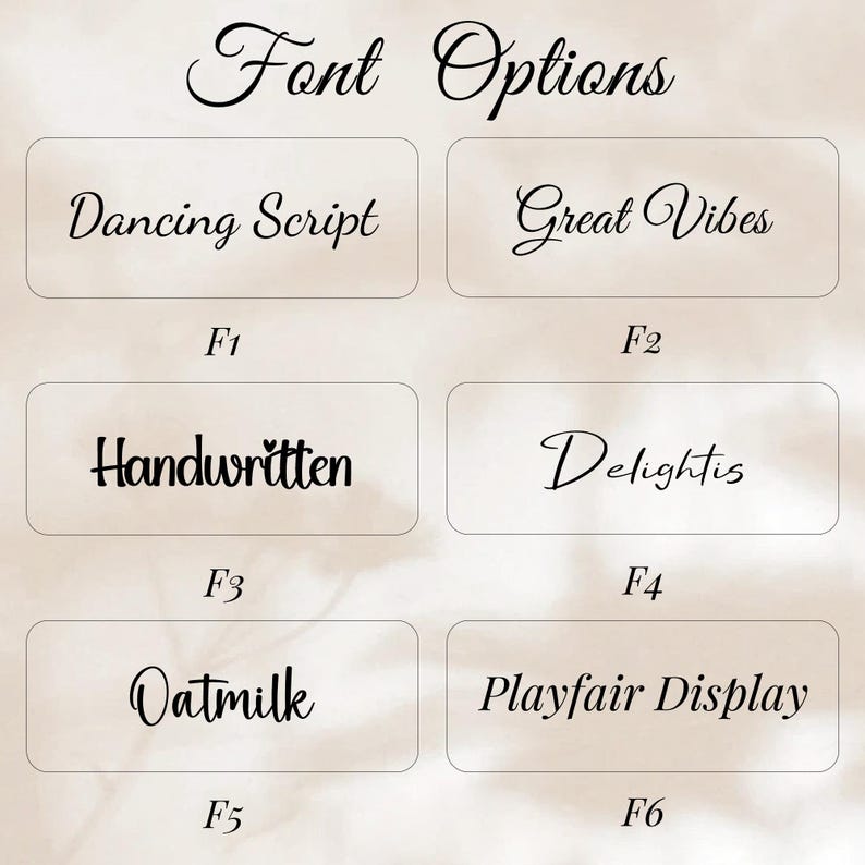 May include: Image showcasing six different font options: Dancing Script, Great Vibes, Handwritten, Delightis, Oatmilk, and Playfair Display. Each font is displayed within a rectangular frame, with labels F1 through F6 below.