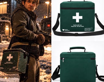 May include: A dark green square insulated bag with a white cross symbol, a top handle, and a black shoulder strap. The front features the text "Handle with Care", "Keep Cool - Do Not Freeze", and "Organ Transport" with a heart icon.