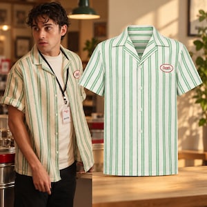 May include: A short-sleeve button-down shirt featuring vertical green and white stripes, a notched collar, and a small oval patch on the left chest with the red text "Cassel's" written in a cursive script font.