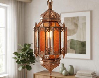 Moorish Orange Moroccan Glass Pendant Light, Handmade Hanging Lantern, Boho Ceiling Lamp, Artisan Moroccan Home Lighting