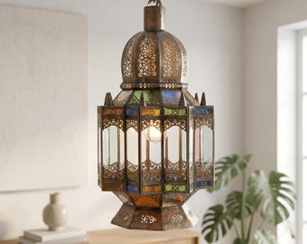 Handcrafted Moroccan Chandelier, Traditional Arabic Pendant Ceiling Light, Boho Hanging Fixture, Brass Artisan Lantern